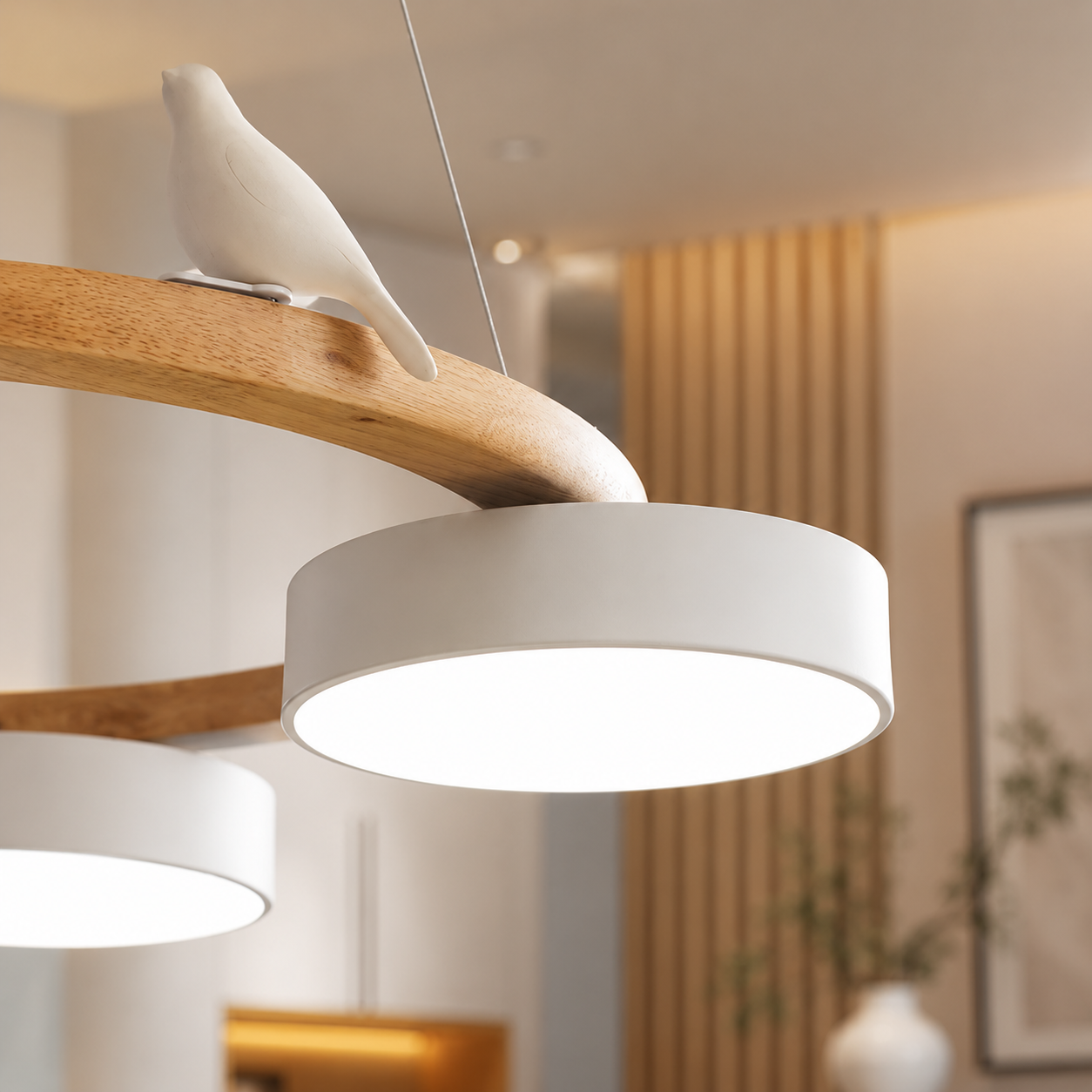 Liora round chandelier lit in a bedroom setting