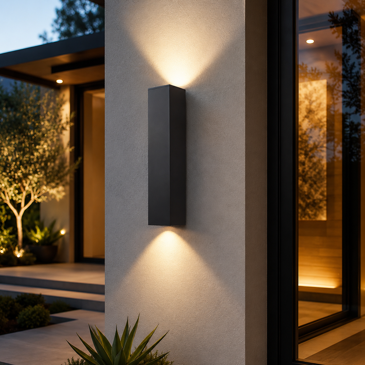 Madeira up and down sconce lit at dusk on a house exterior