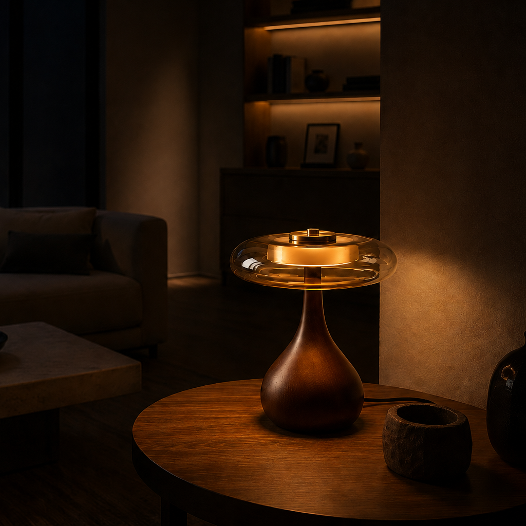 Close view of the Veyra lamp glass shade and metal base