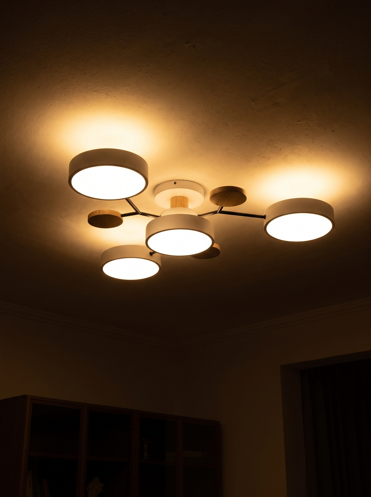 Molecule Branch Semi Flush Ceiling Light lit in a dark room