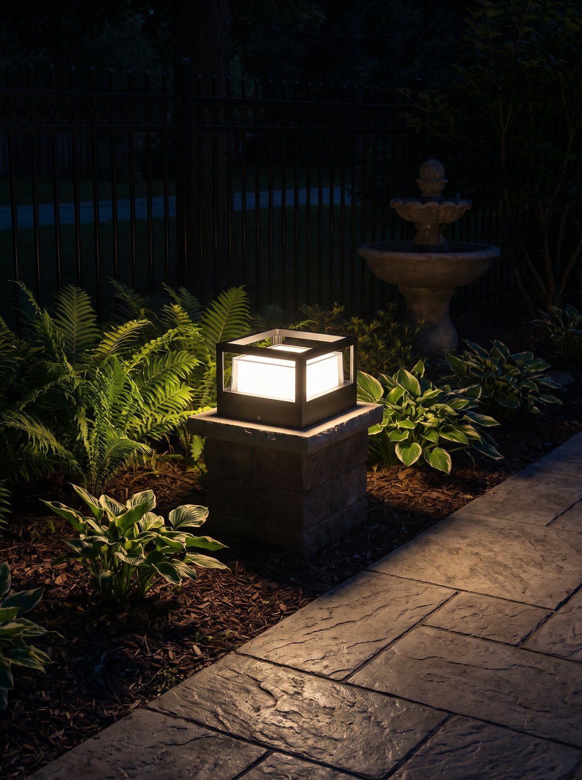 Cylinder LED Landscape Light lit at night