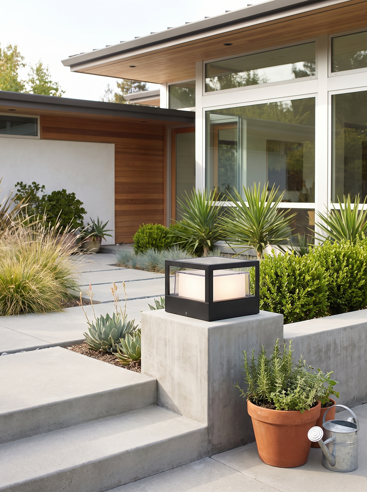 Cylinder LED Landscape Light at a modern home exterior