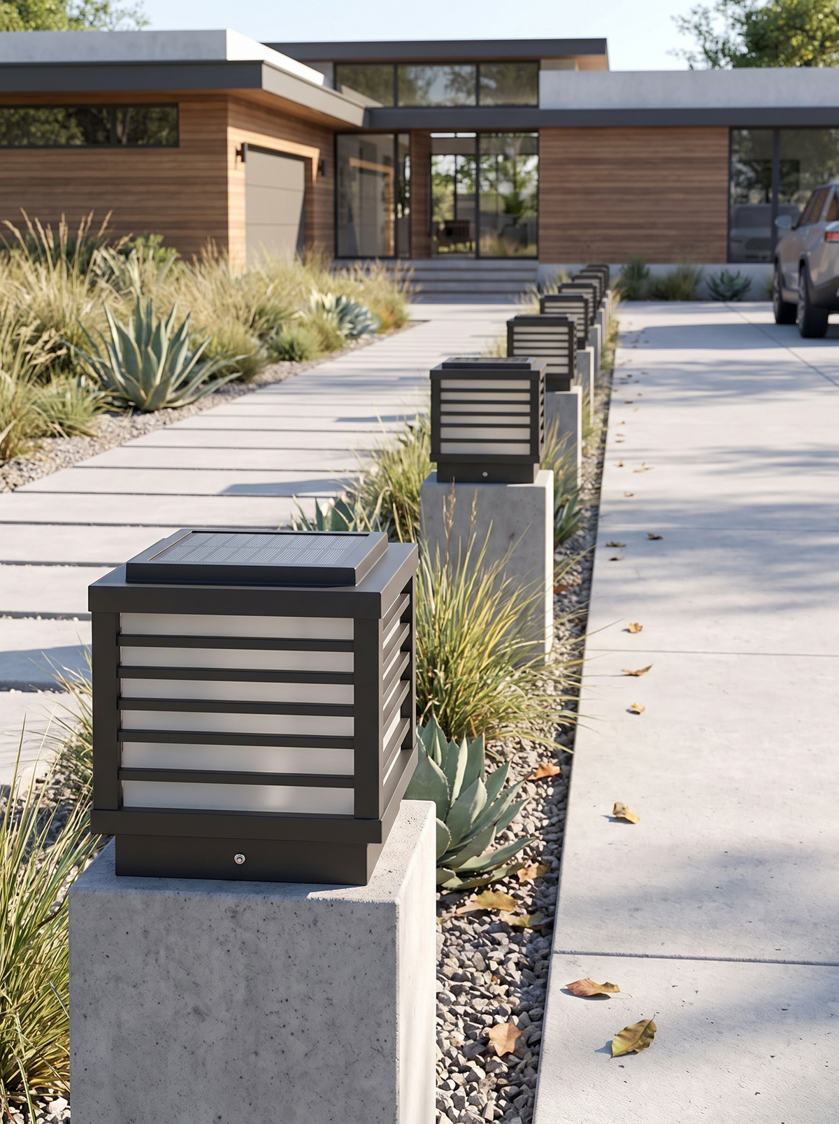 Square Solar Post Light at a modern home exterior