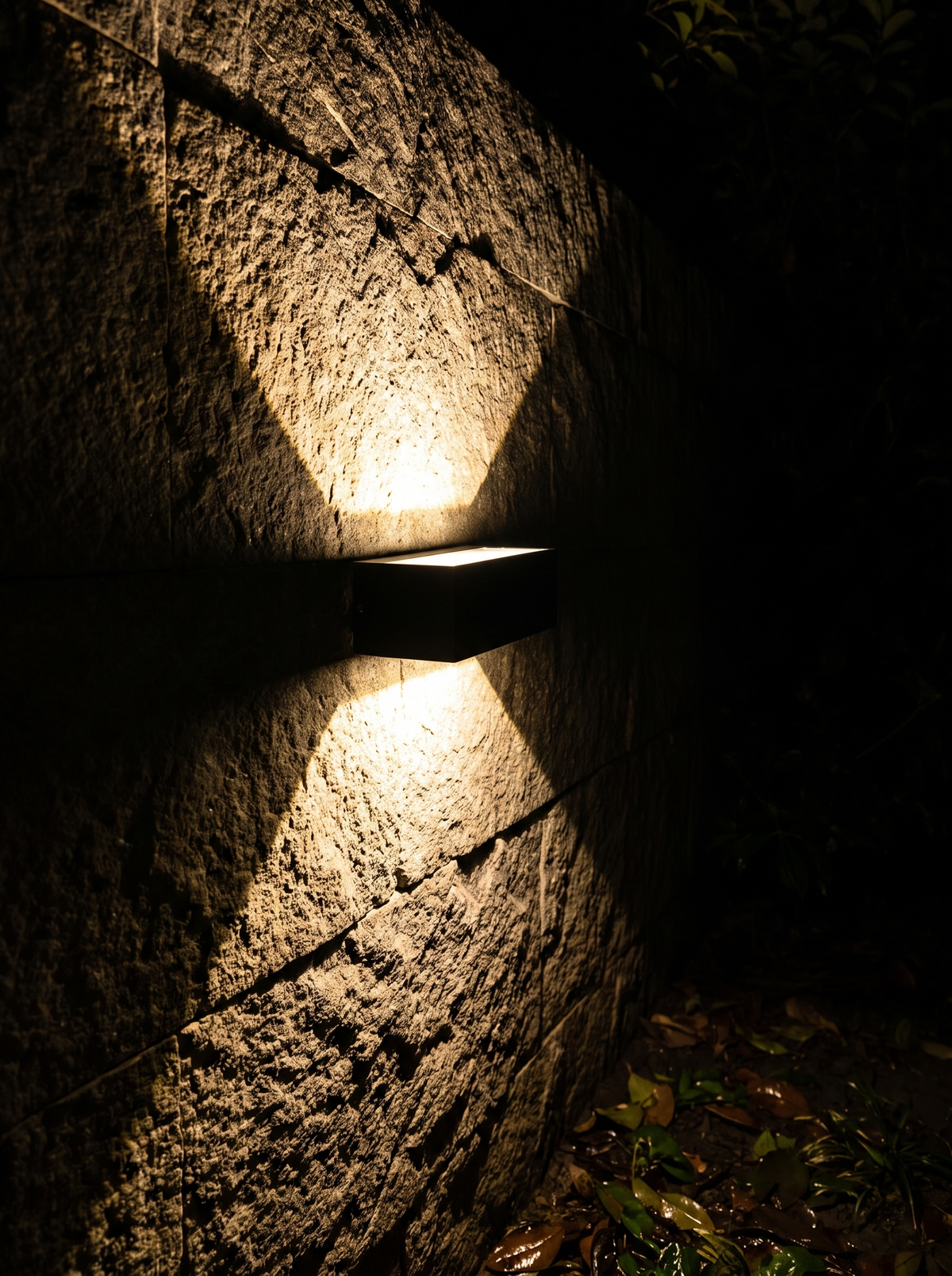 Rectangular Garden Wall Sconce lit at night