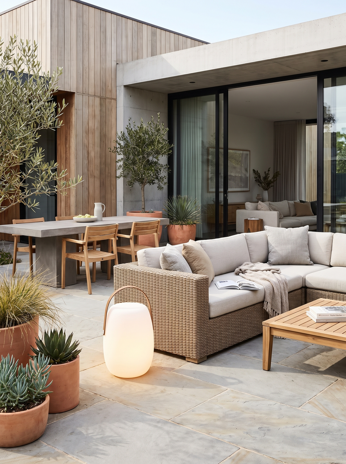 Solar Basket Lantern Light on a modern patio