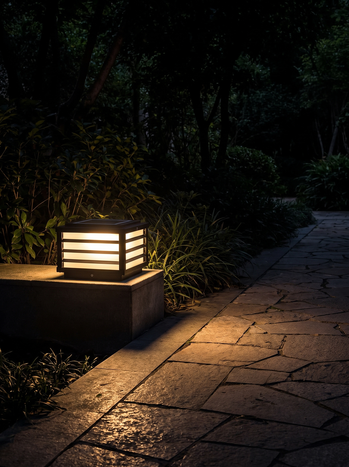 Square Solar Post Light lit at night