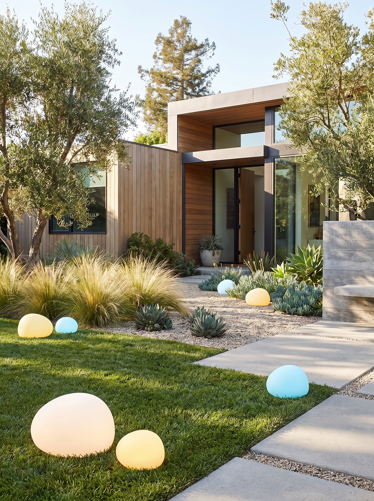 Solar Globe Lawn Lights at a modern home exterior