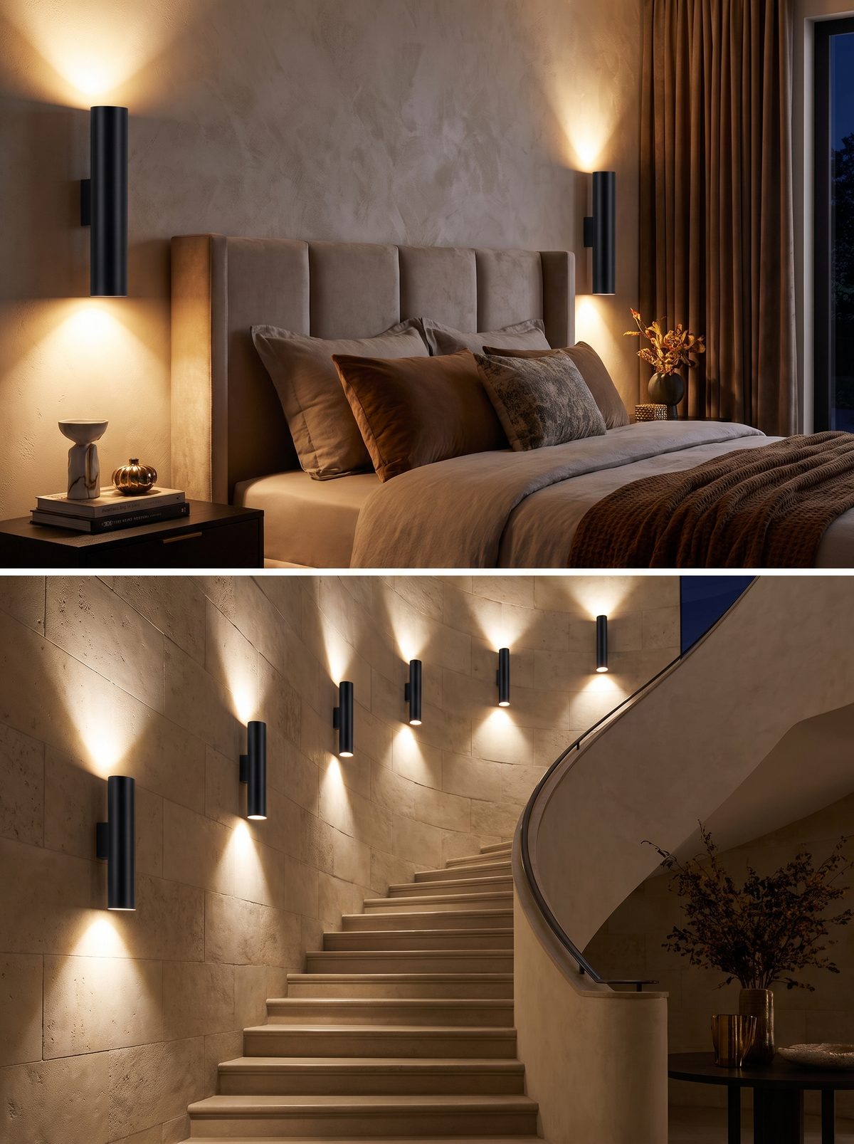 Cylindrical Wall Sconce lit on a wall at night