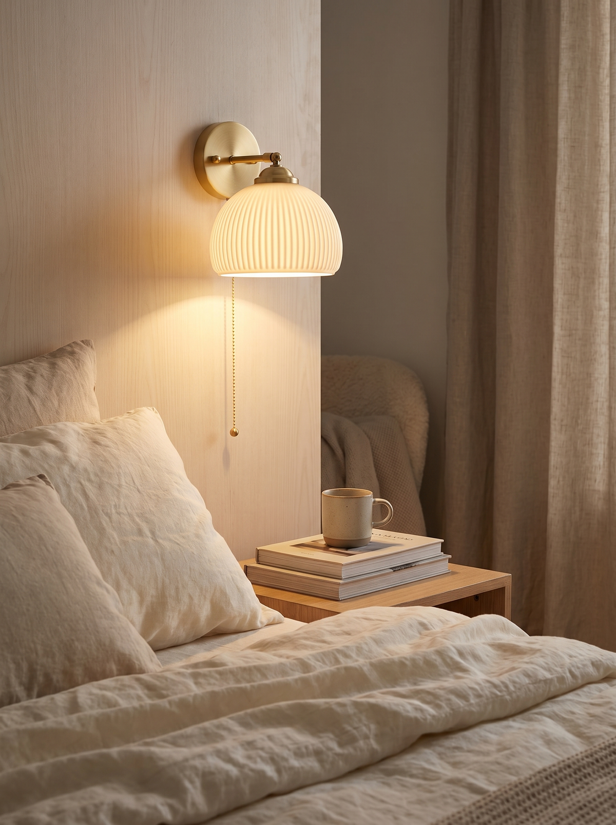 Striped Glass Pull Cord Wall Sconce beside a bed
