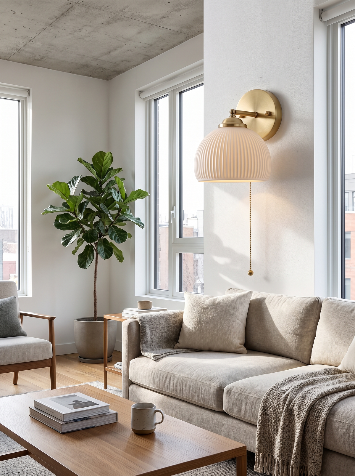 Striped Glass Pull Cord Wall Sconce in a modern living room