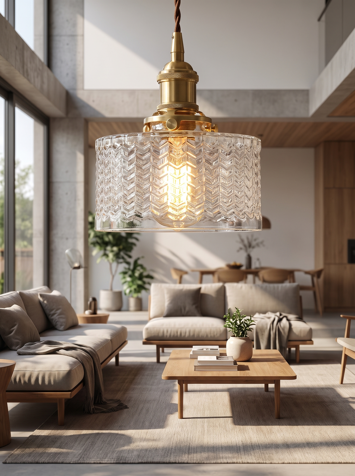 Brass Glass Jar Pendant in a modern living room