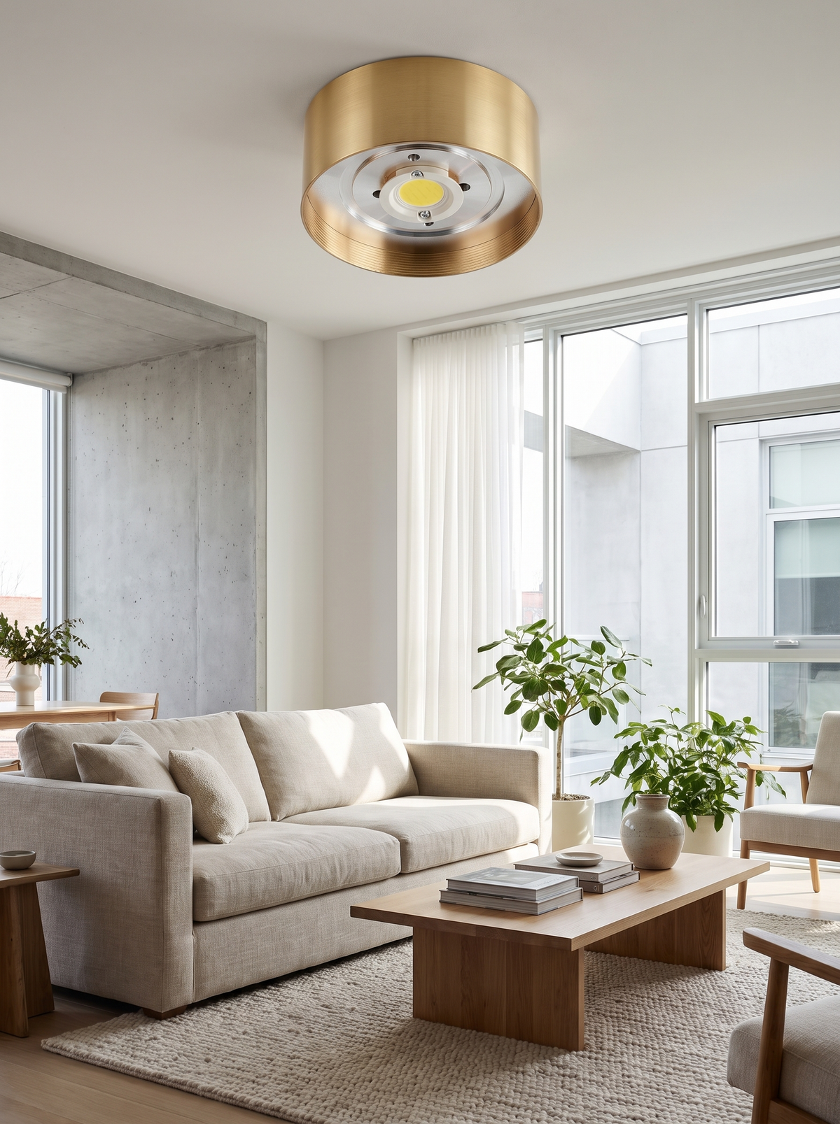 Ultra Thin Copper Flush Mount Light in a modern living room