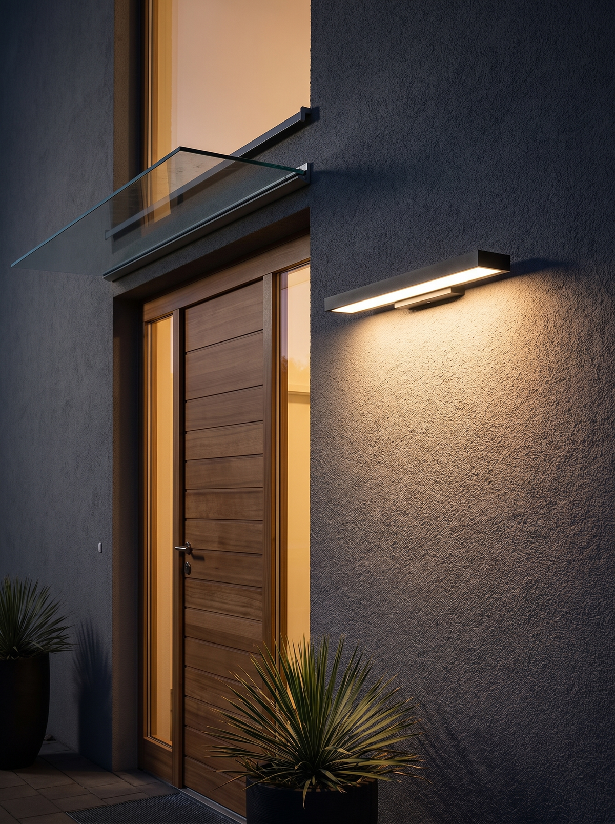 Rectangular Outdoor Sensor Wall Light lit at night