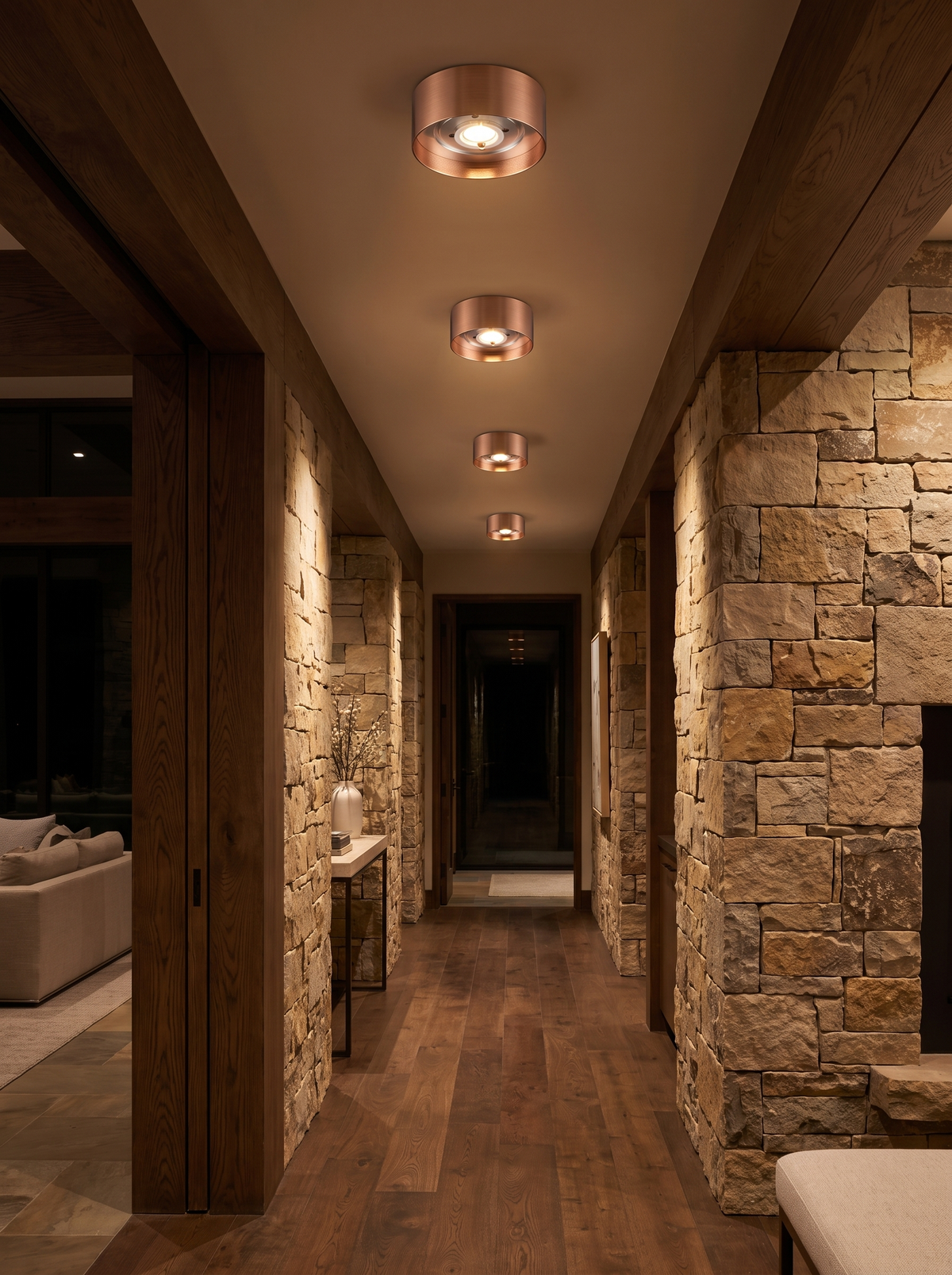 Ultra Thin Copper Flush Mount Light down a hallway