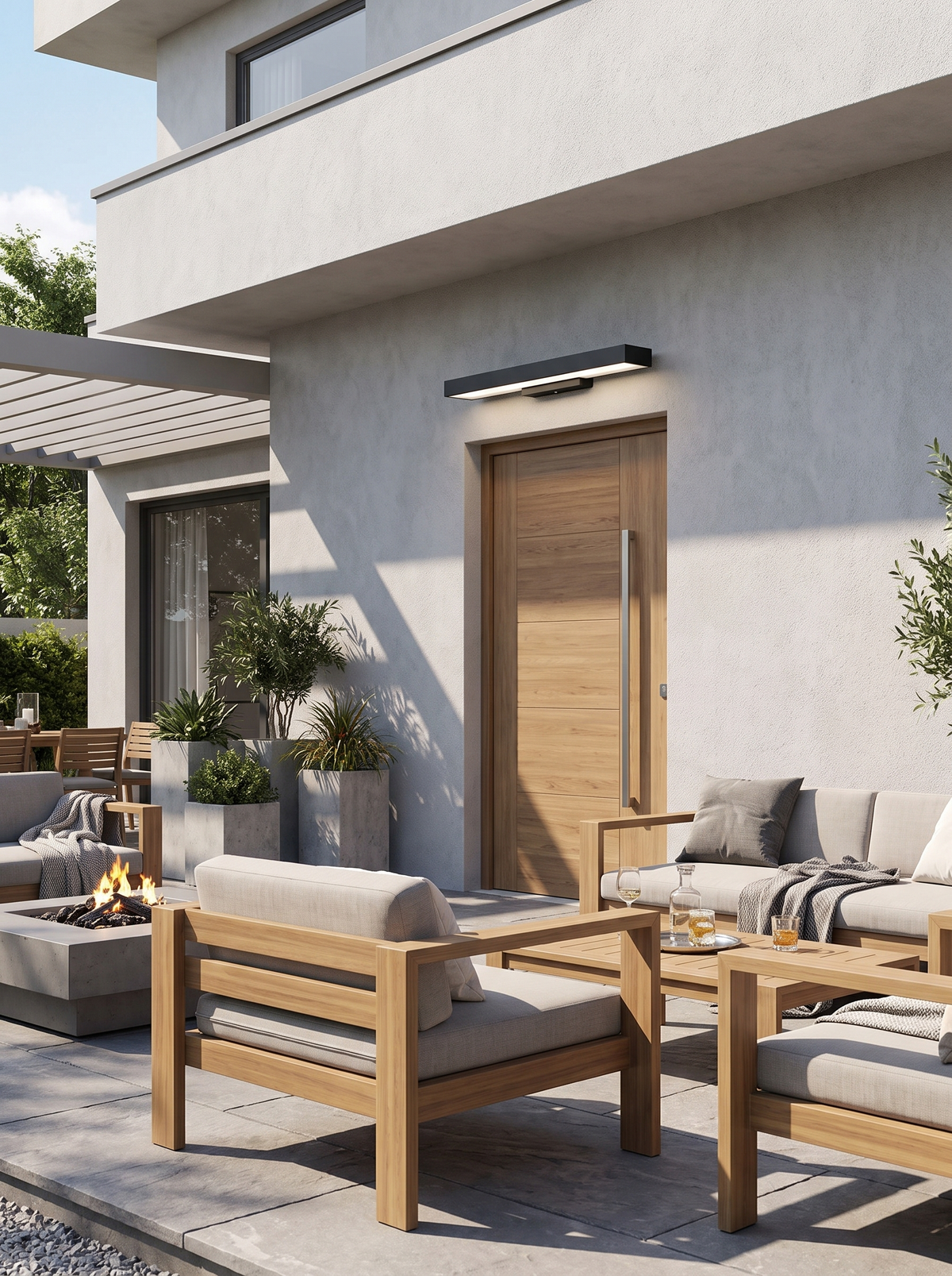 Rectangular Outdoor Sensor Wall Light on a modern patio