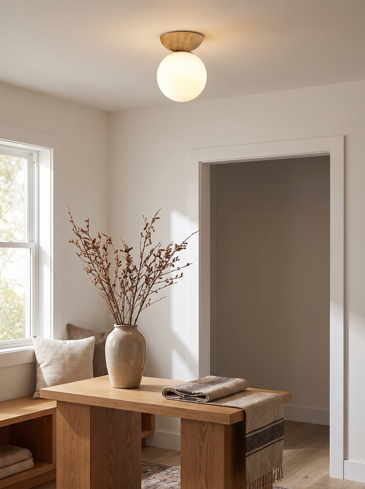 Glass iron orb light in entryway