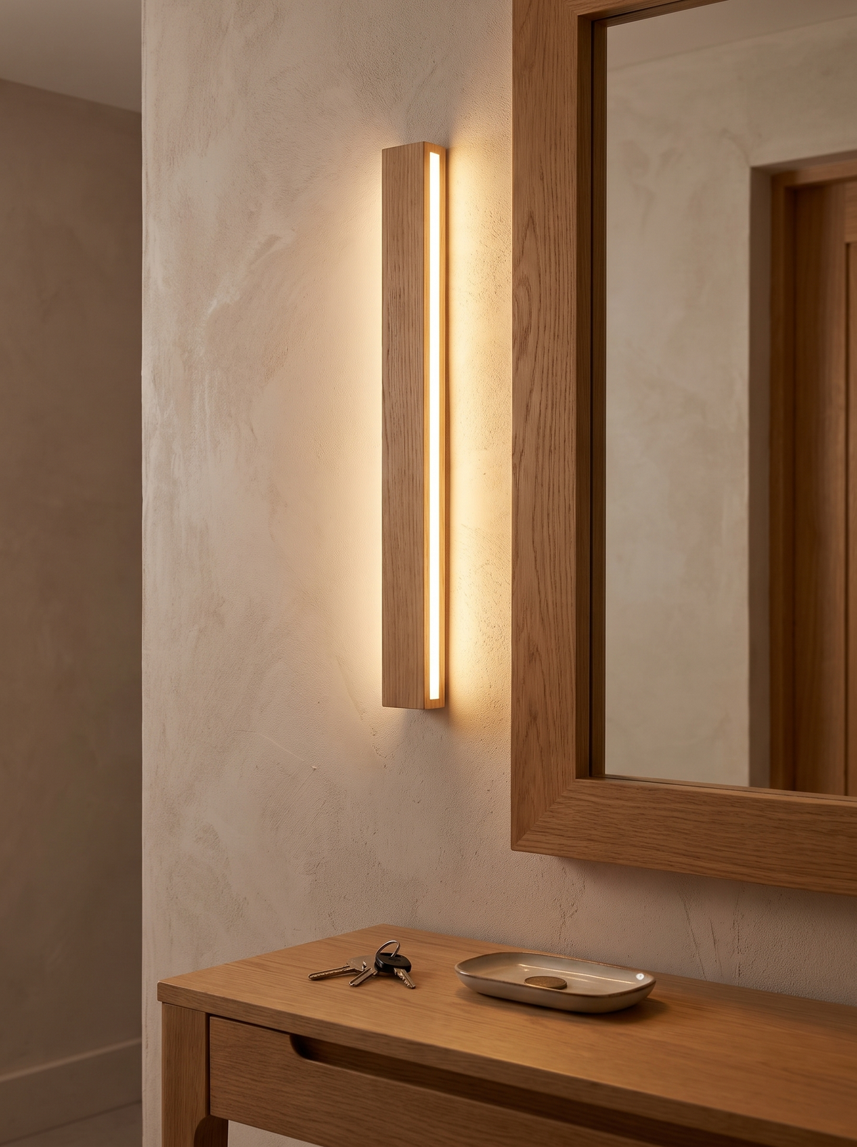Wood LED wall sconce in hallway