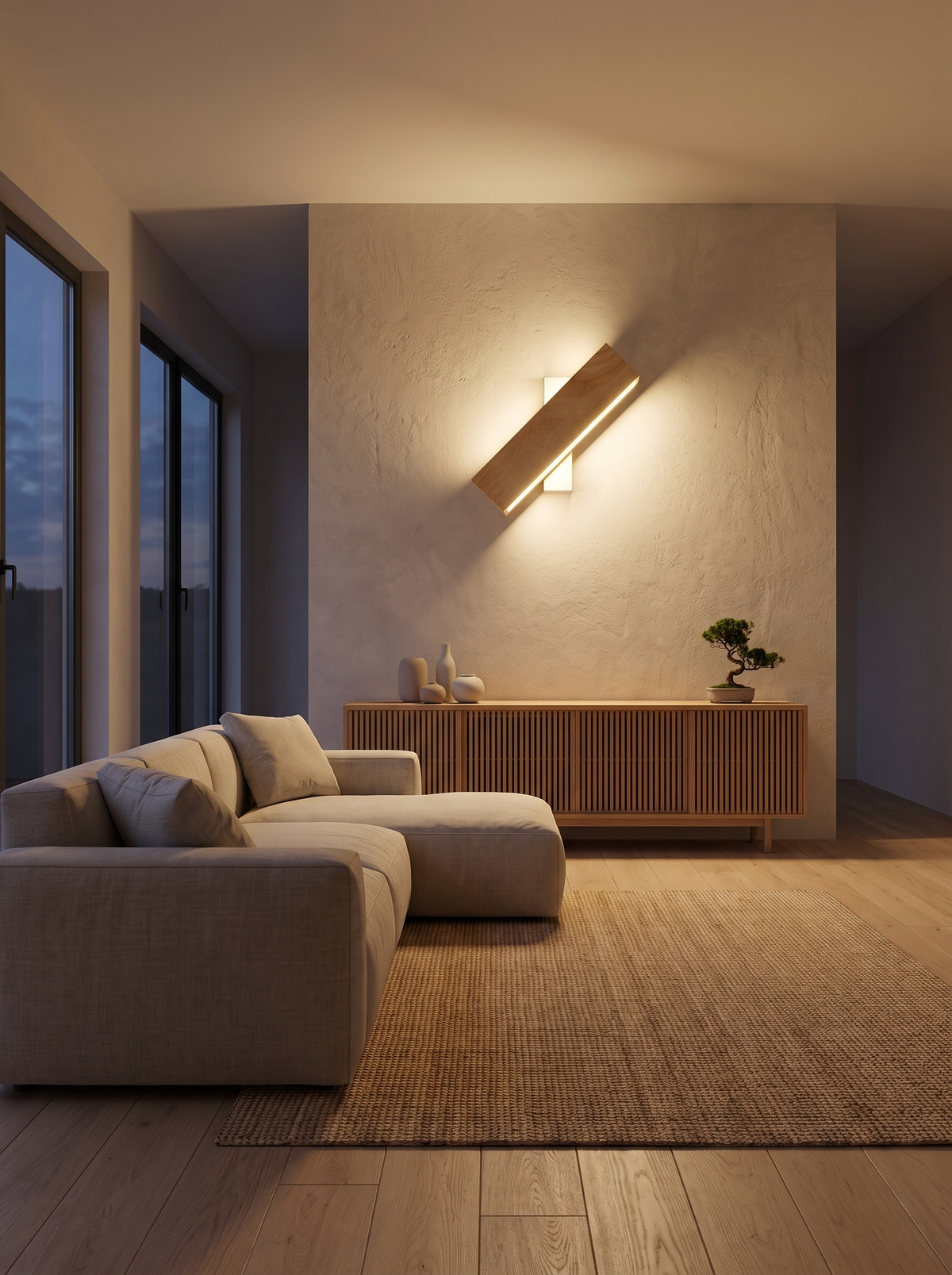 Wood LED wall sconce in modern living room