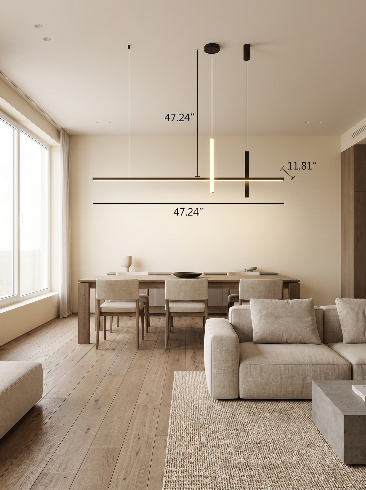 Long line LED chandelier in modern living room