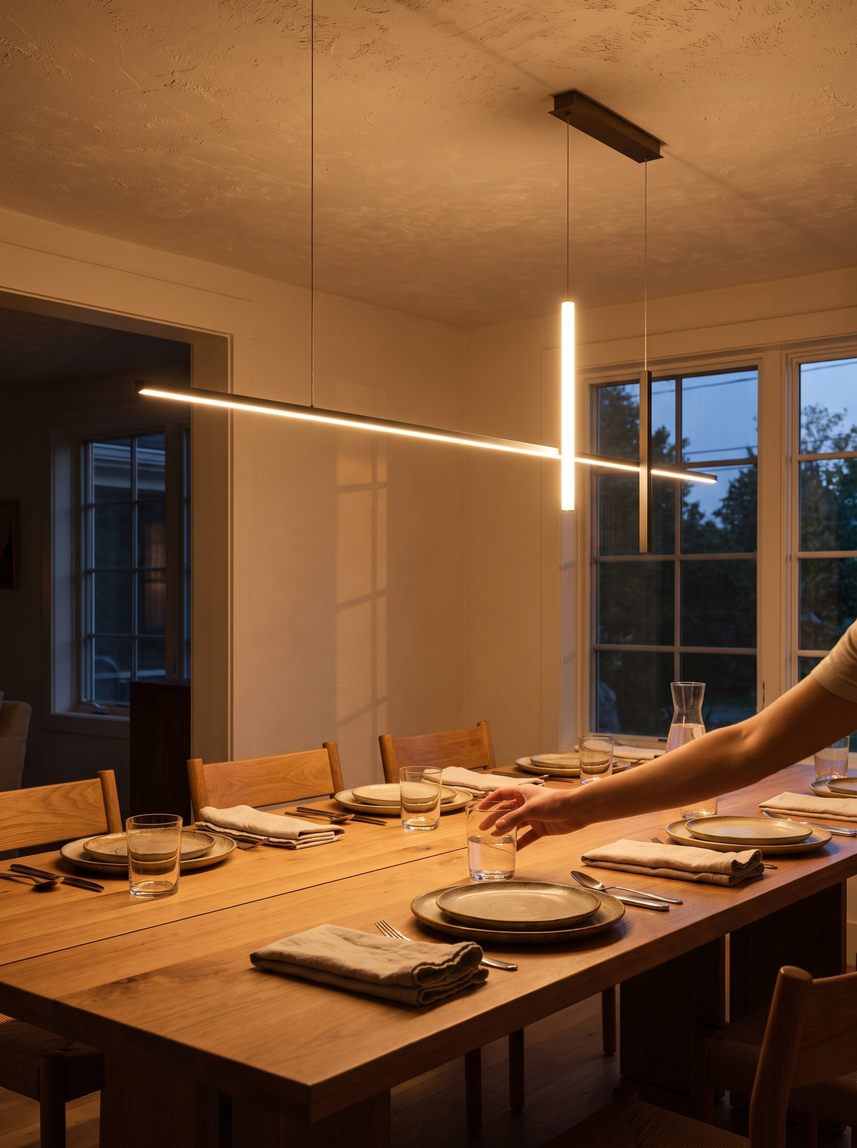 Long line LED chandelier over dining table