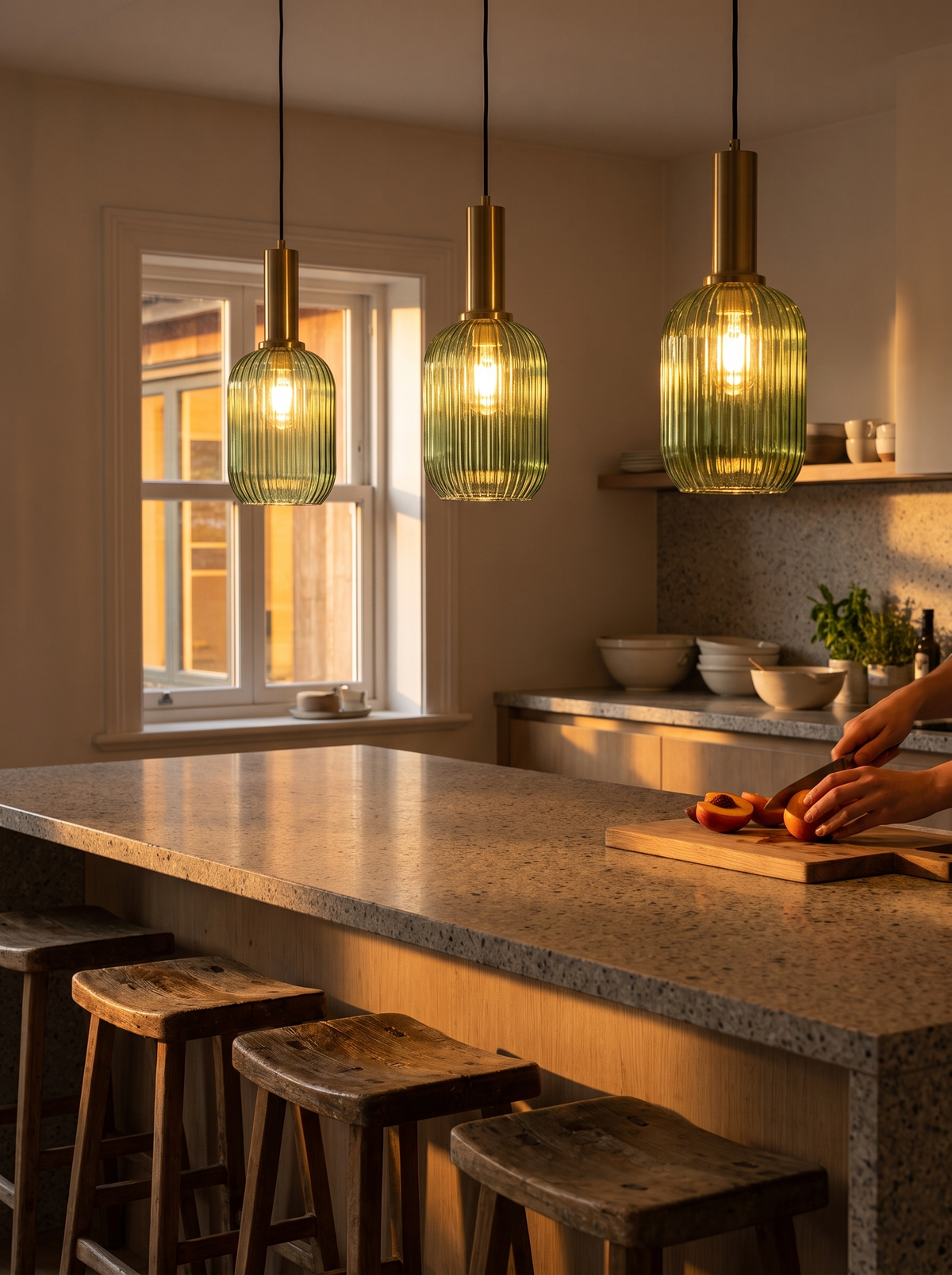 Striped glass lantern pendants over kitchen island