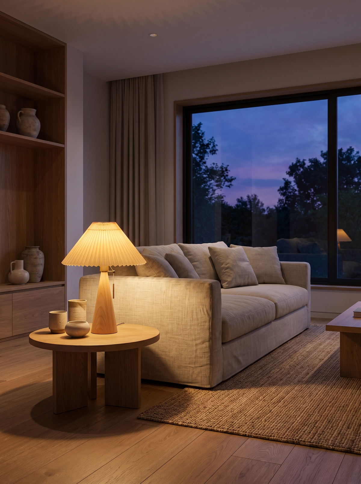 Pleated wooden table lamp in modern living room