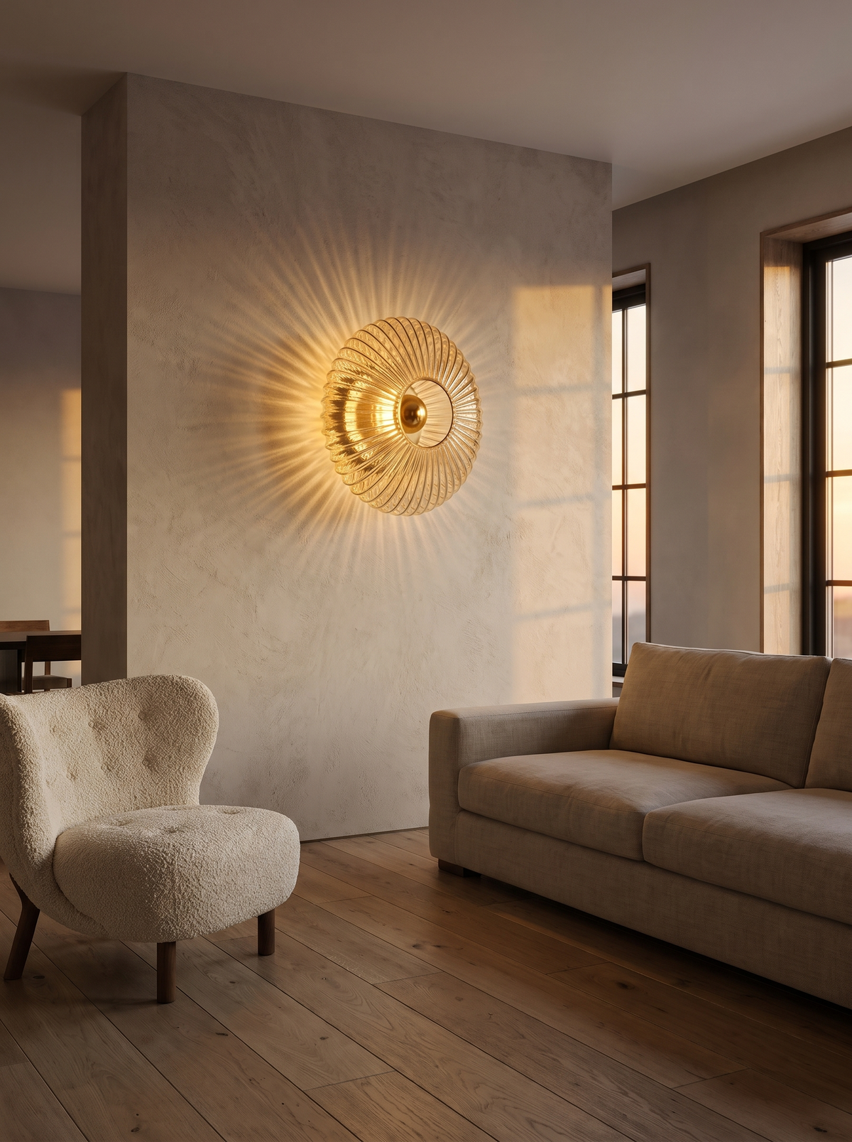 Striped glass disc wall sconce in modern living room