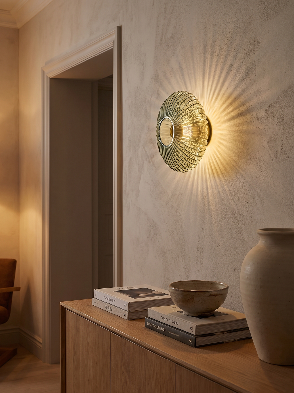 Striped glass disc wall sconce above a sideboard