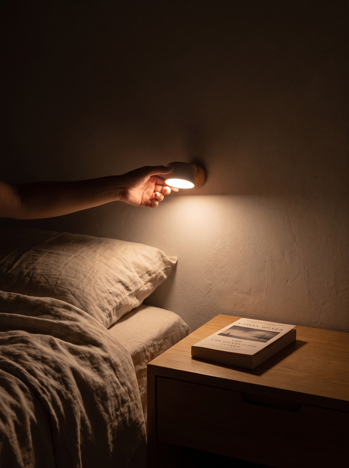 Wooden magnetic night light beside a bed
