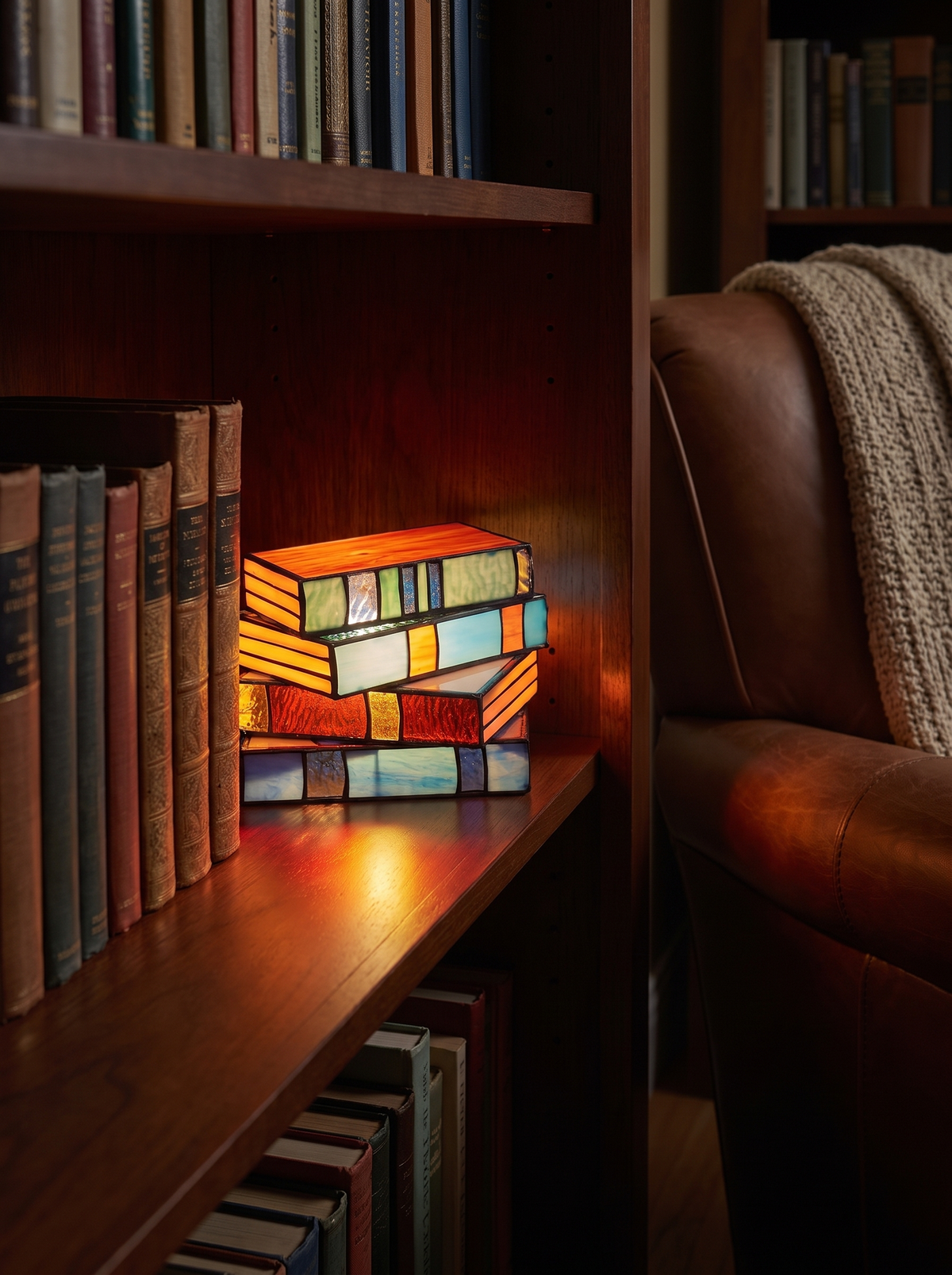 Stained glass book lamp on a library shelf