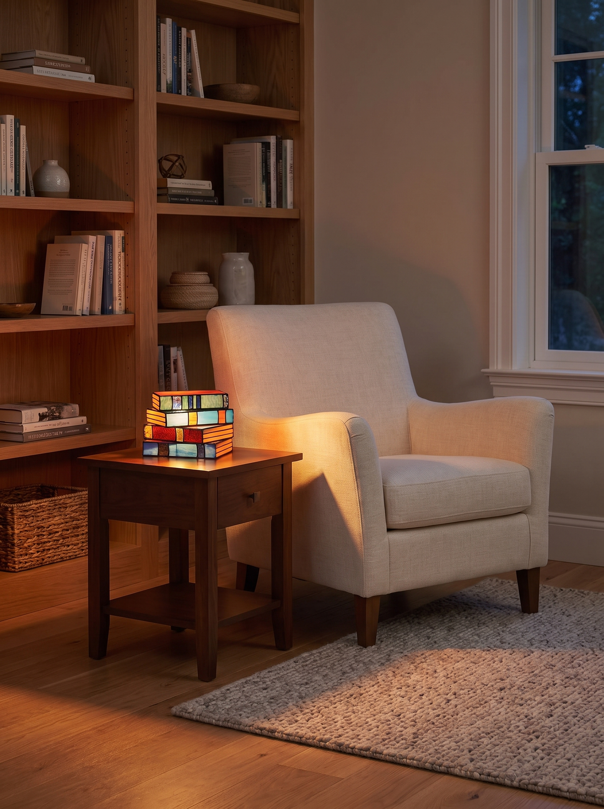 Stained glass book lamp in modern living room