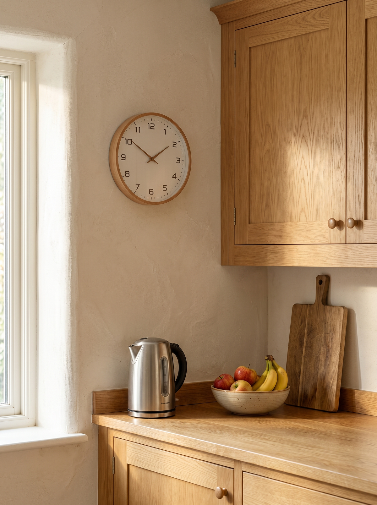 Nordic wood wall clock in a kitchen