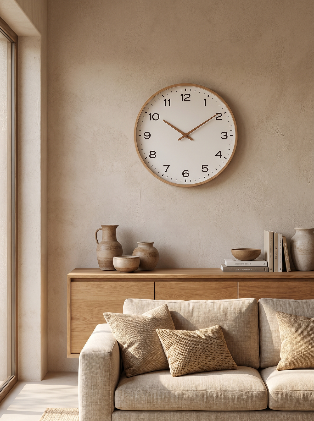 Nordic wood wall clock in modern living room