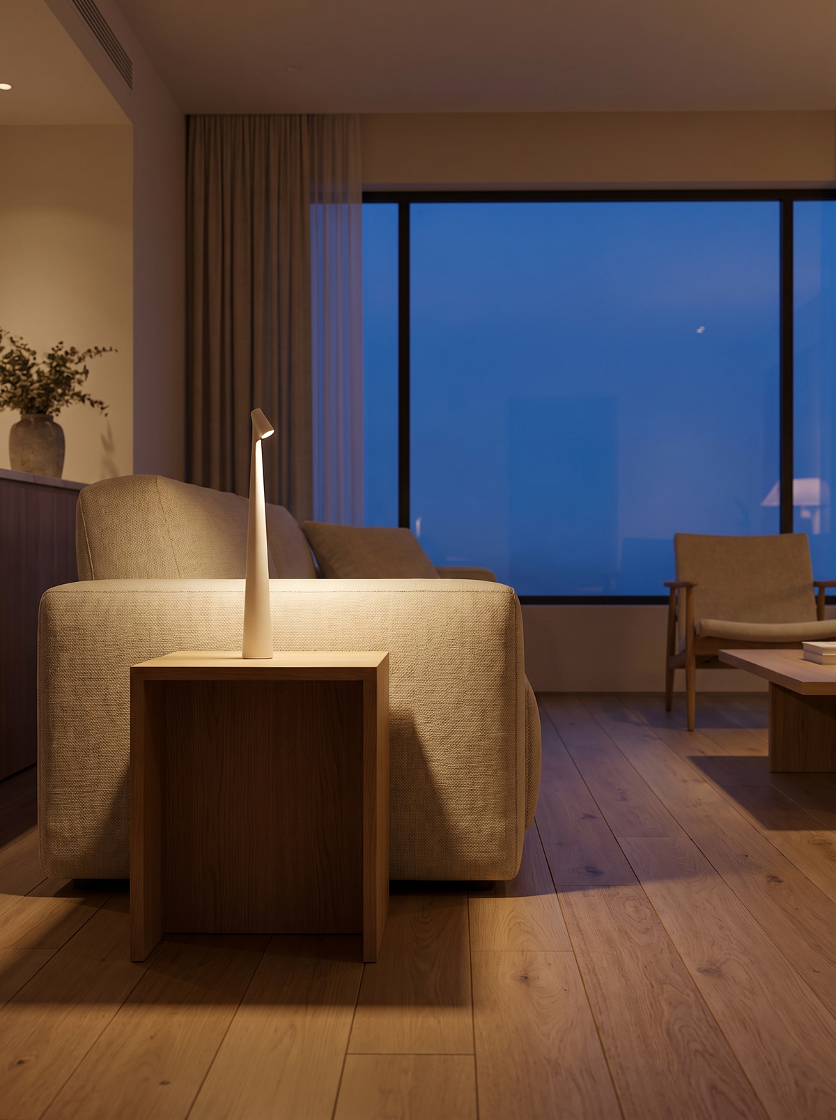 Slim rechargeable LED lamp in modern living room