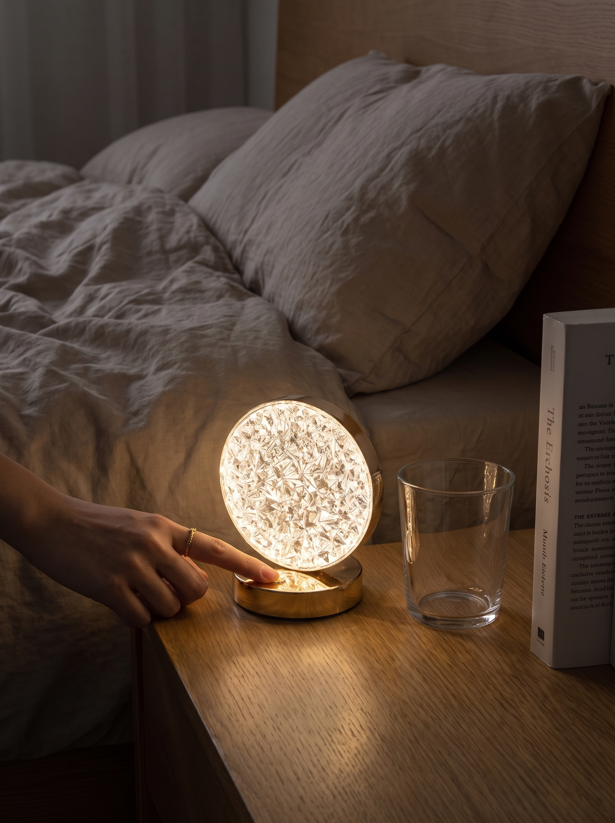 Crystal night light on a bedside table