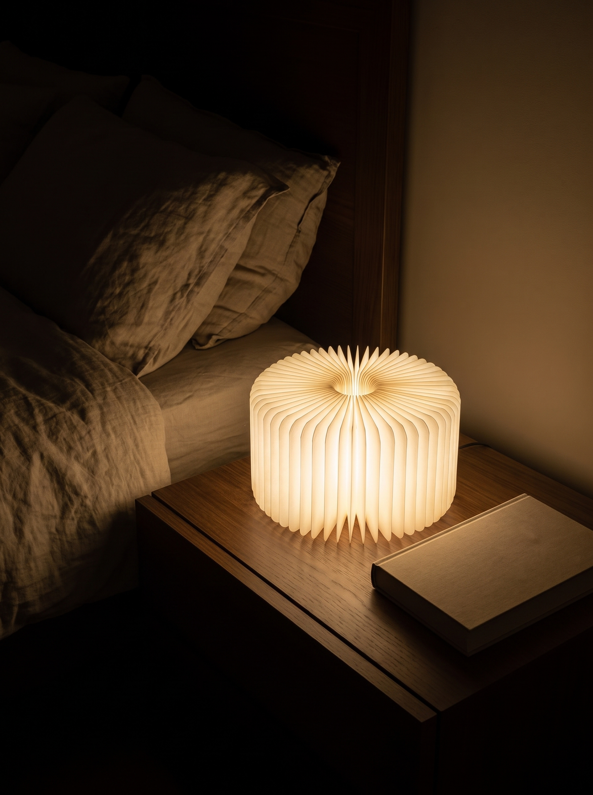 Foldable book lamp open on a bedside table