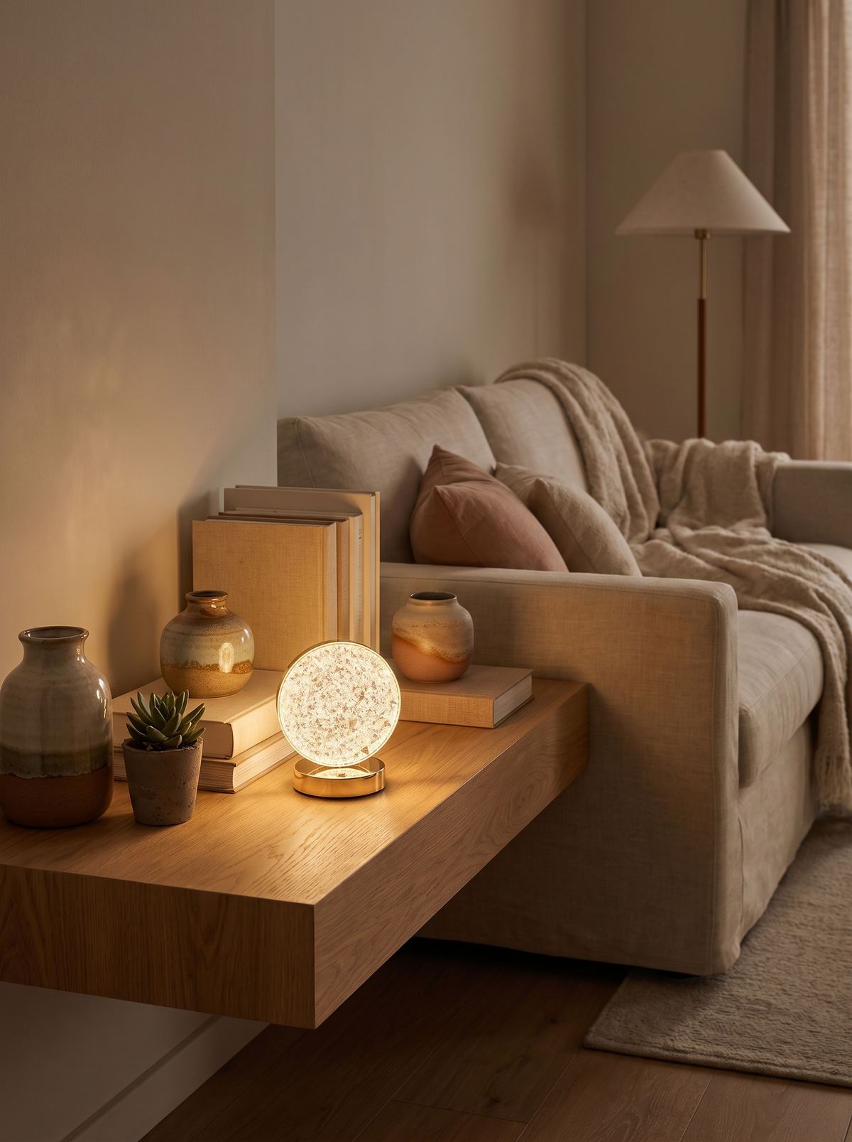 Crystal night light on a living room shelf