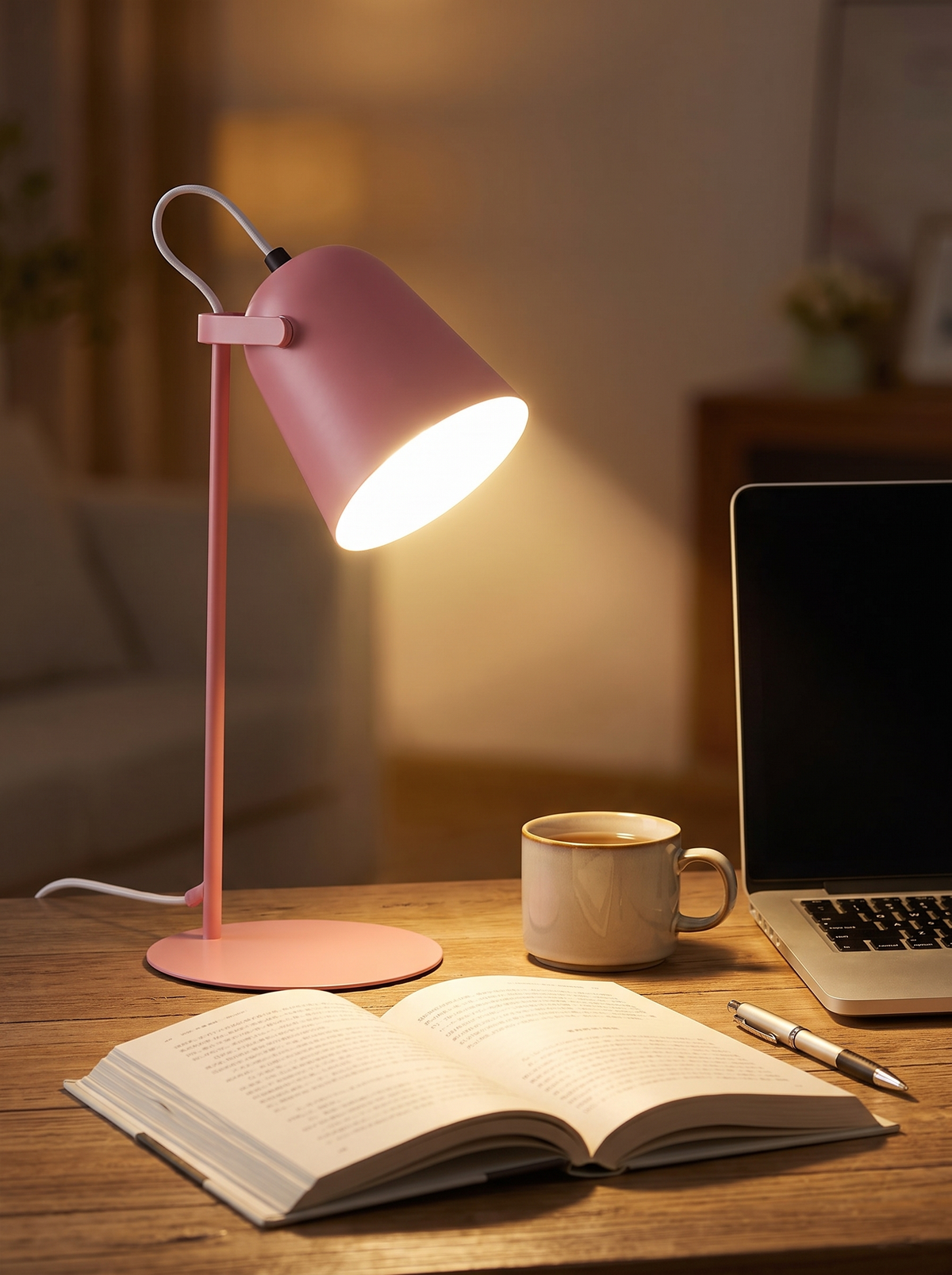 Nordic metal desk lamp over an open book