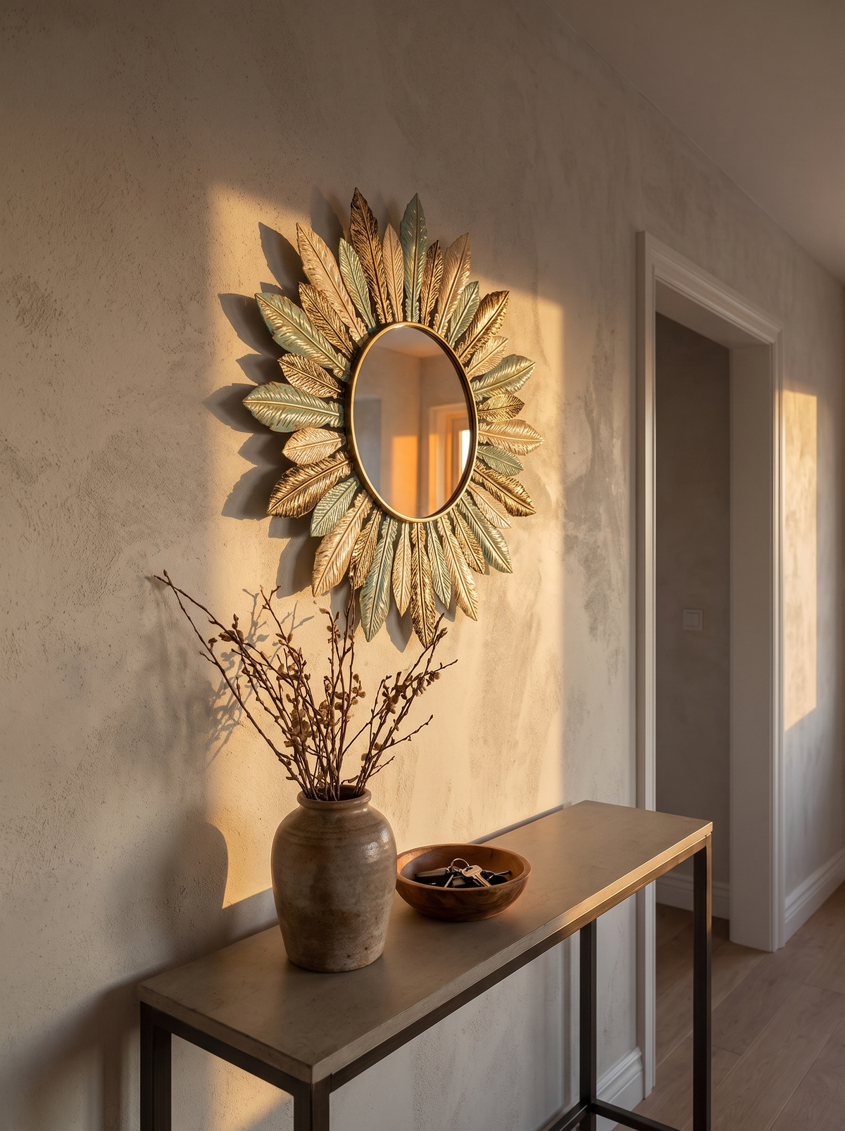 Sunburst metal mirror above a hallway console