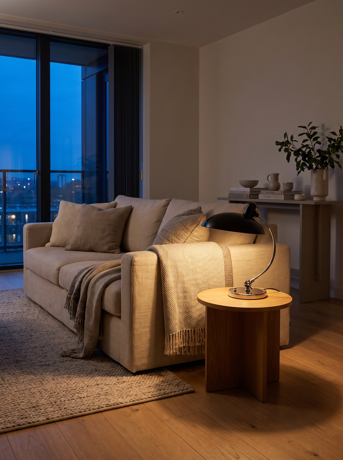 Arched chrome table lamp in modern living room