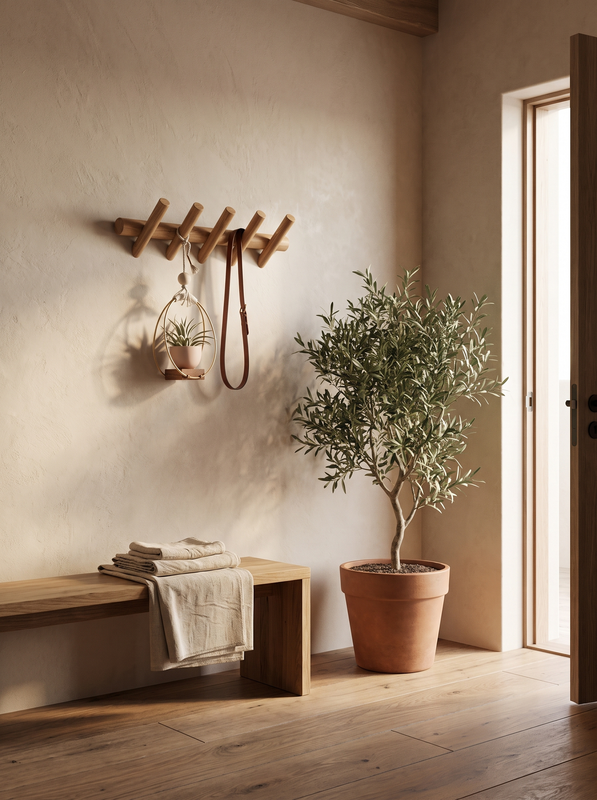 Solid oak peg rack in modern entryway