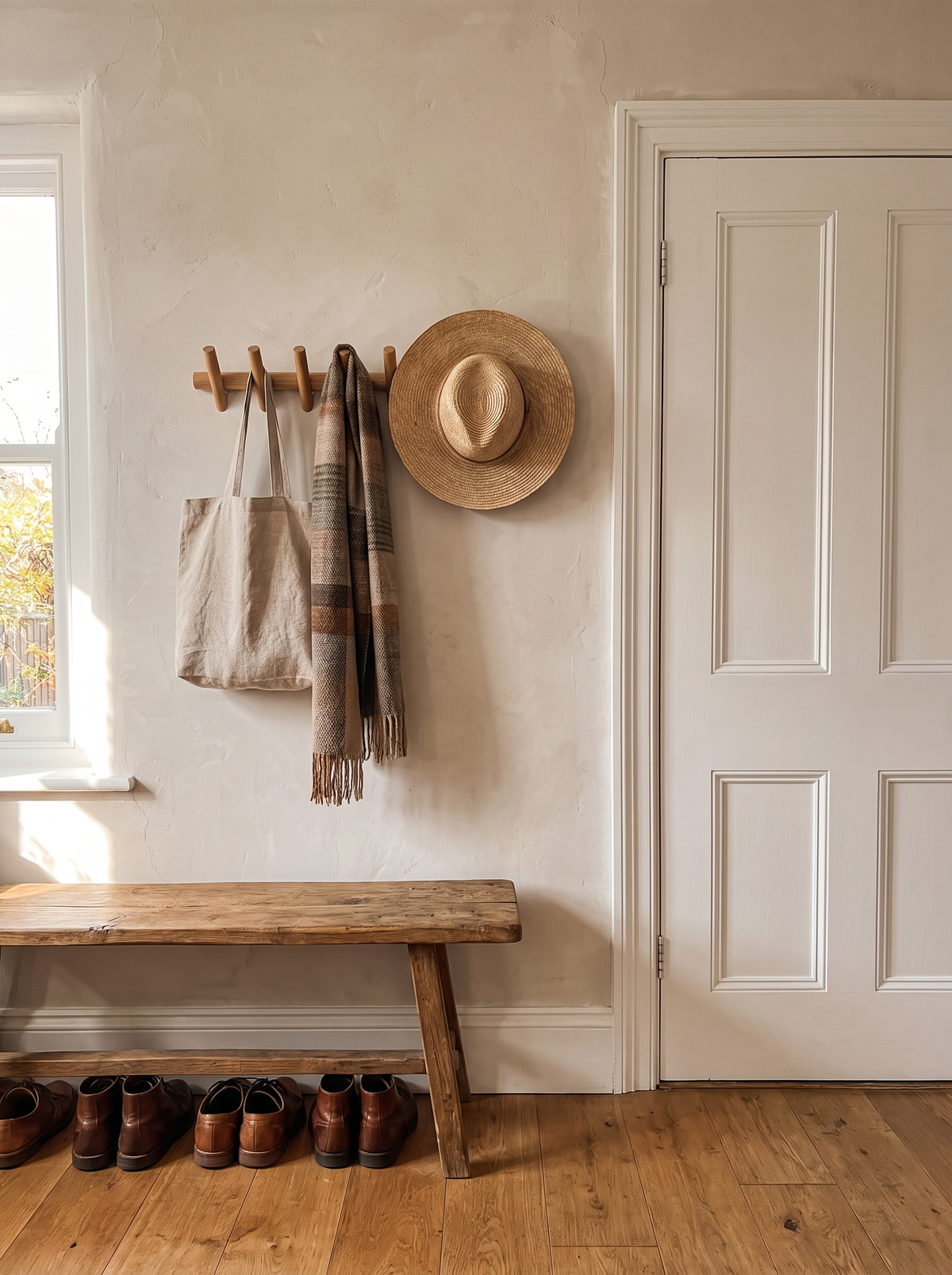 Solid oak peg rack in use in an entryway