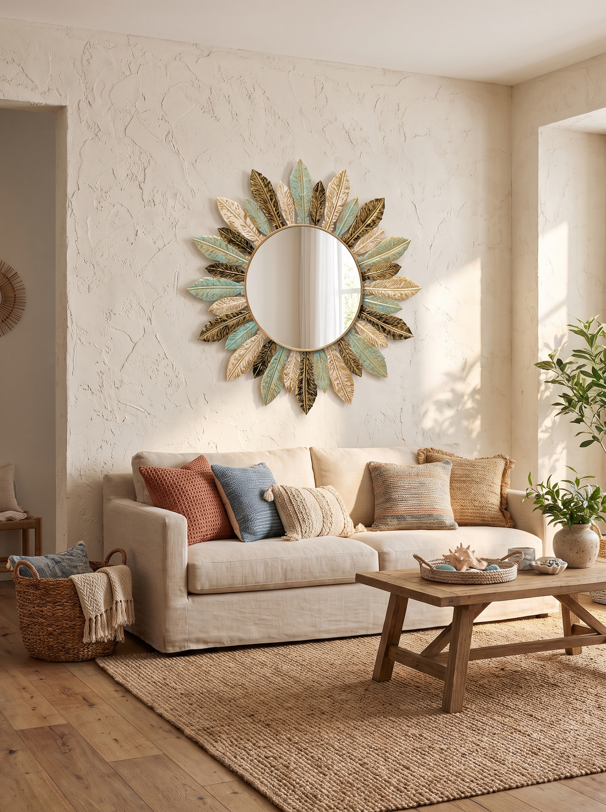Sunburst metal mirror in modern living room