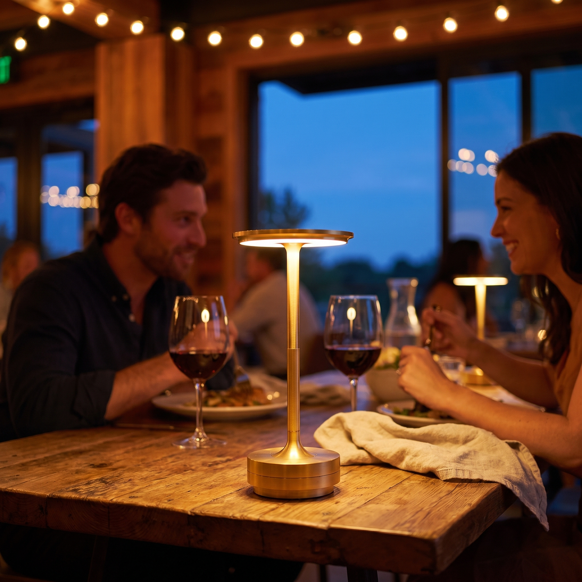 Cordless gold table lamp on a restaurant table at dusk with no cord