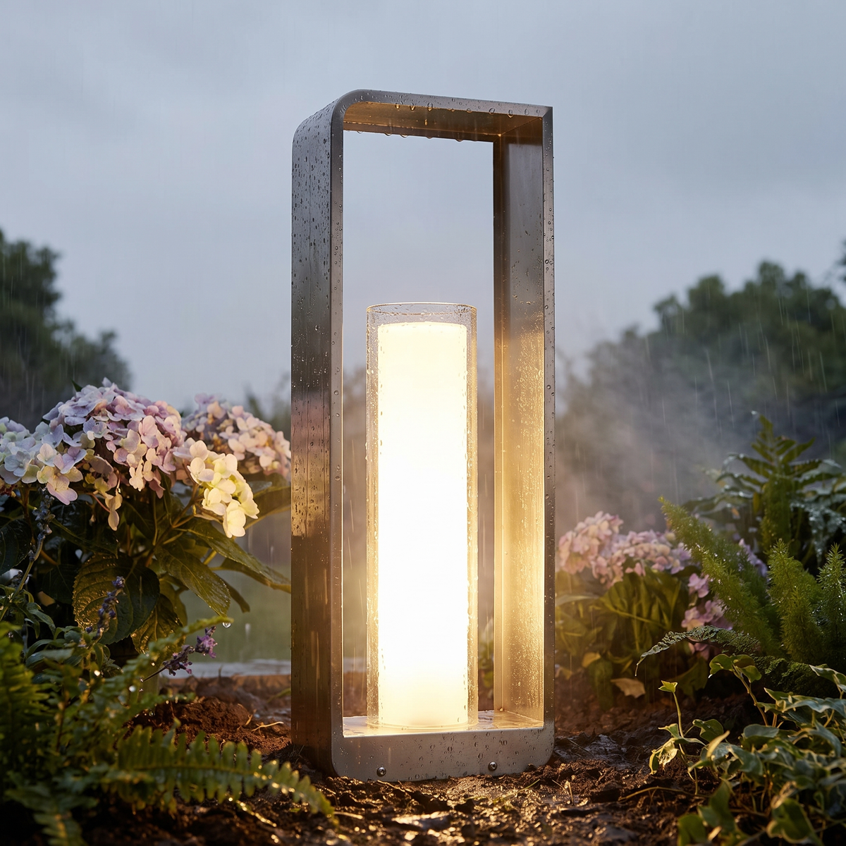 Square frame landscape light in rain with water beading on the stainless steel