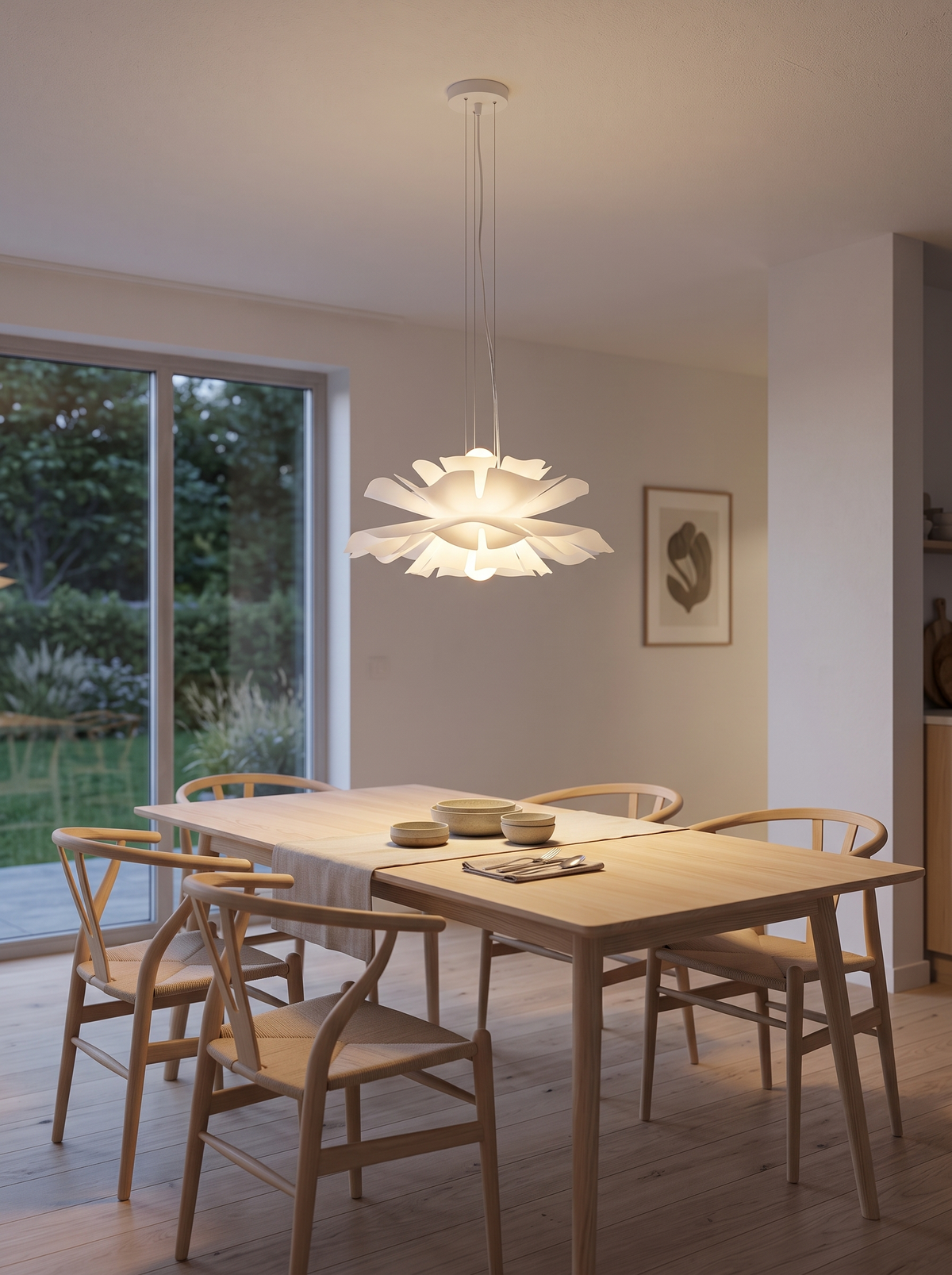 p3 iwt3 white lotus pendant light in a Nordic dining room