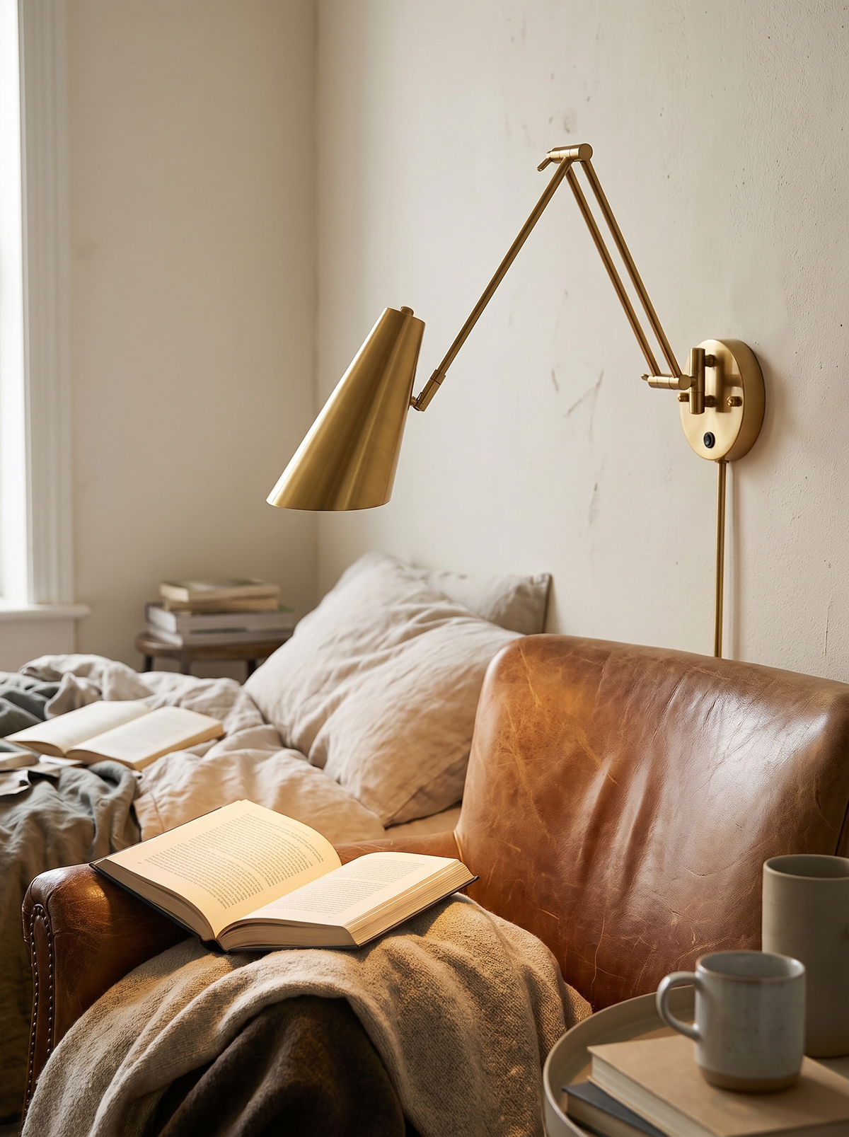 p2 iwt2 swing arm wall light angled over an open book beside a chair