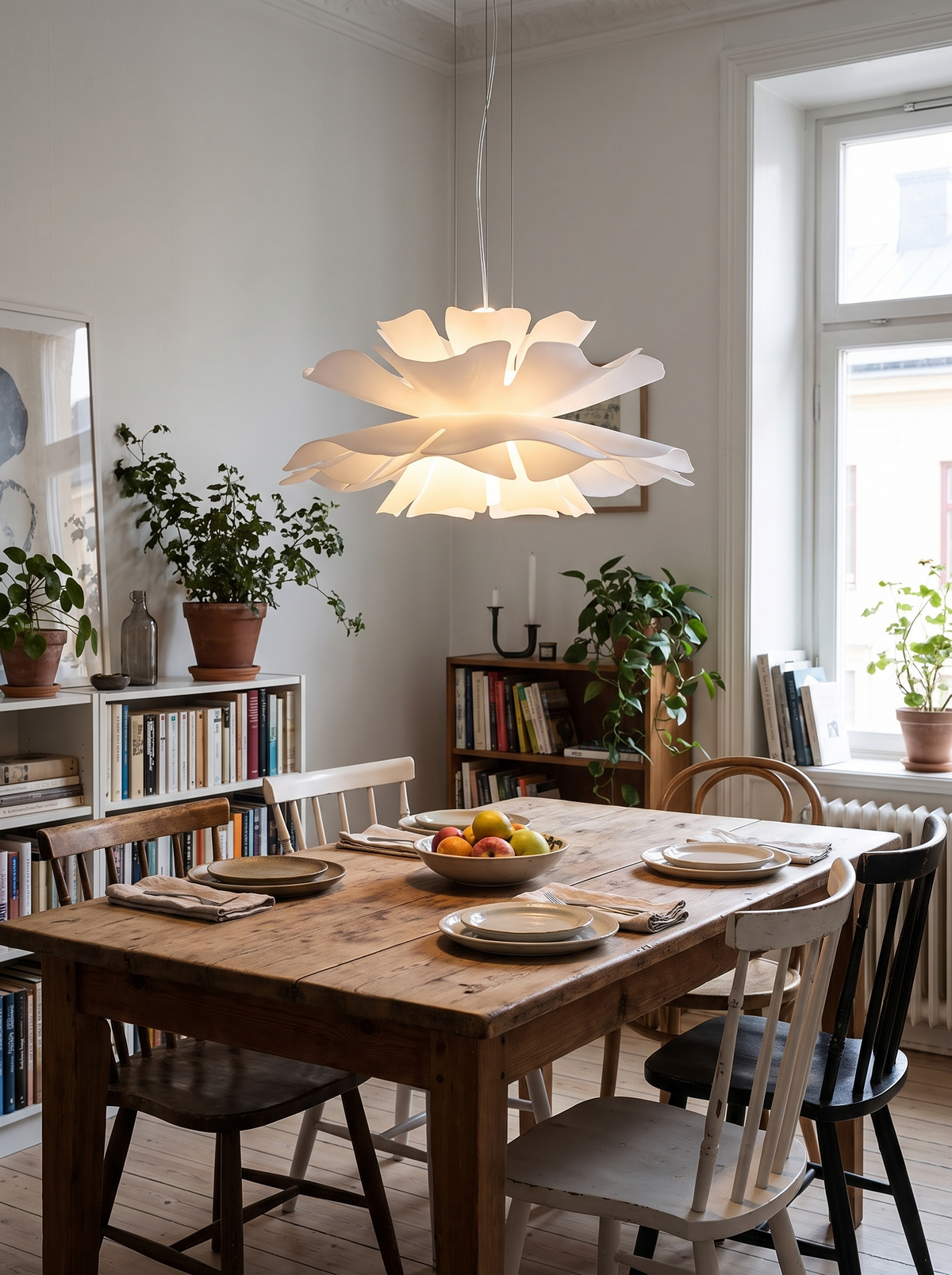 p3 iwt2 white lotus pendant light lit above a dining table