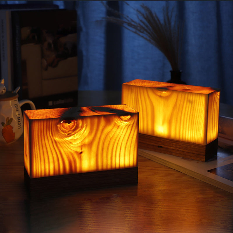 Solid Wood Cube LED Accent Lamp