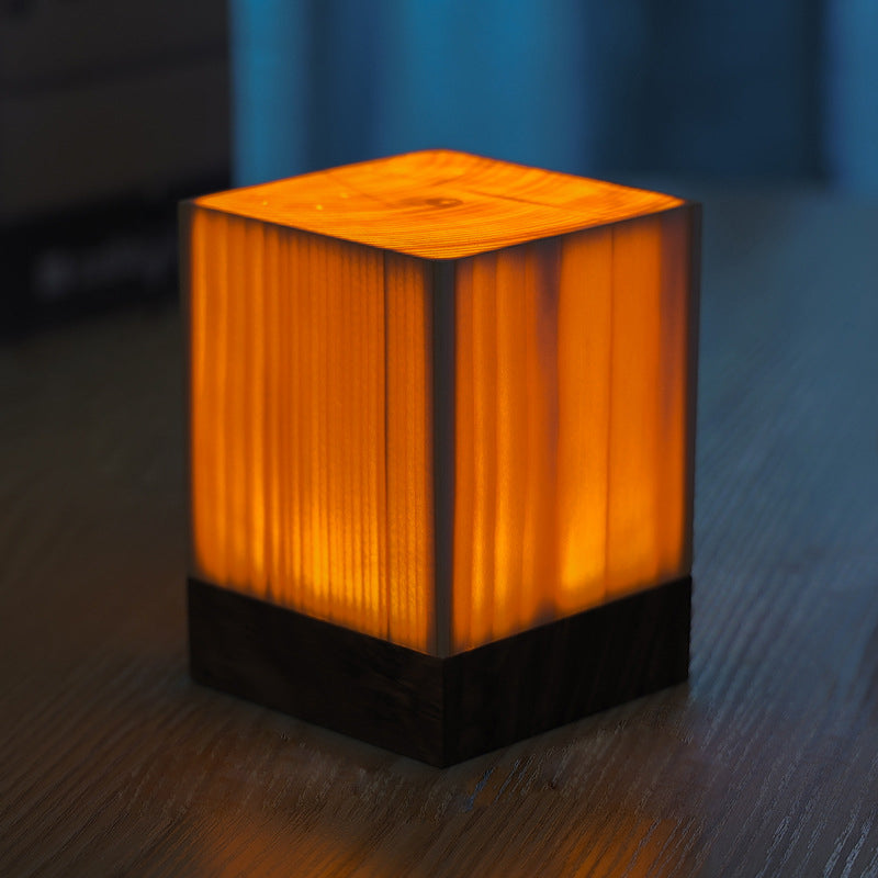 Solid Wood Cube LED Accent Lamp